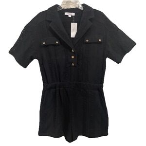 Marion NWT Black Crochet Short Sleeve 1/2 Button Down Shorts Romper Womens Large